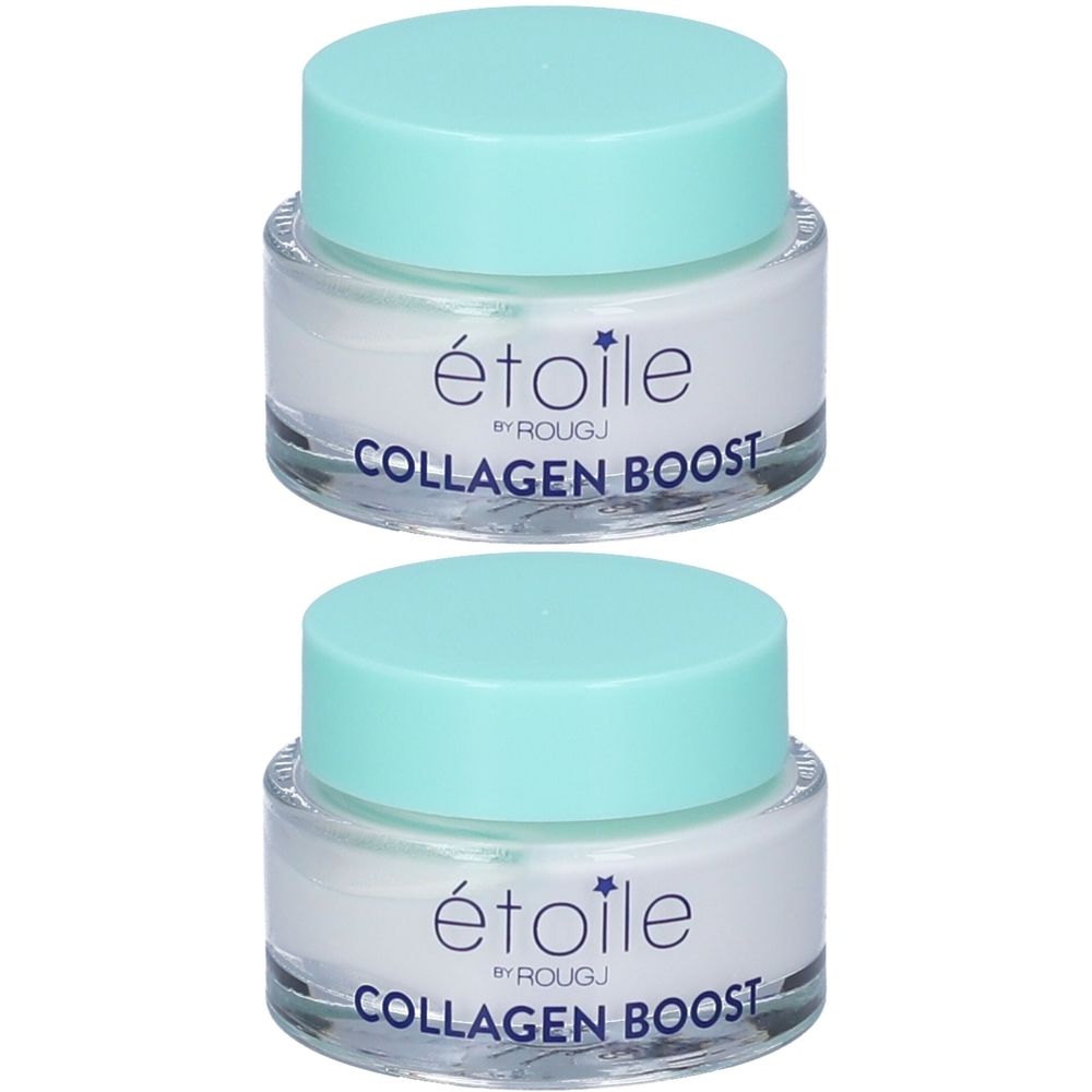 Deux pots de crème avec couvercles turquoise. Inscription : étoile, Collagen Boost. Marque : ROUGJ.