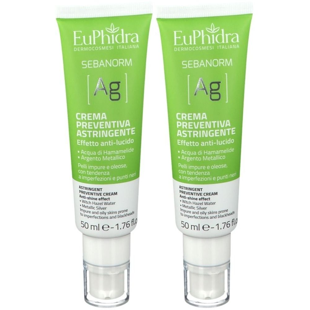 Zwei Tuben EuPhidra SEBANORM Ag Creme. Grün-weiße Verpackung mit Produktnamen und Inhaltsstoffen. 50 ml.