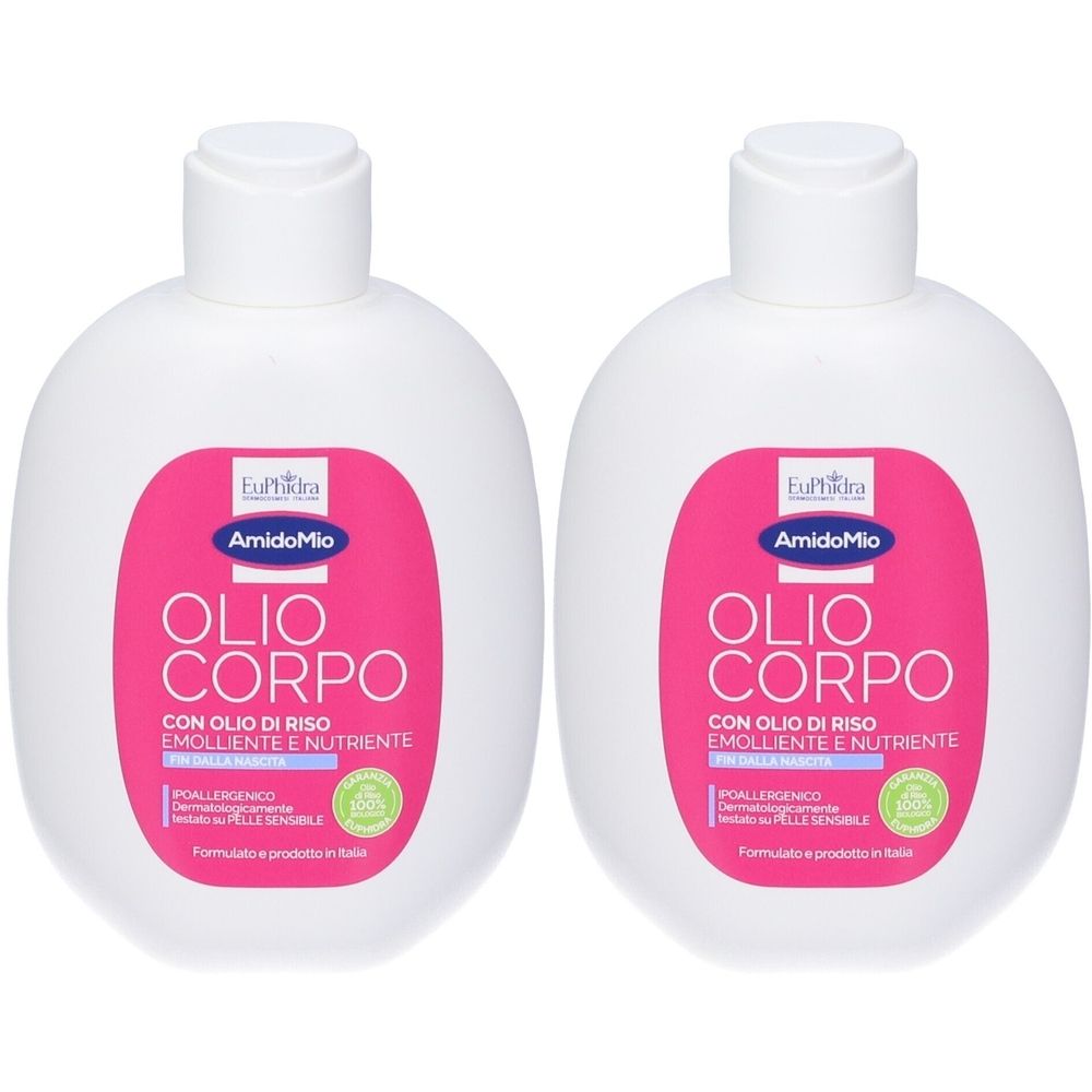 Zwei rosa Verpackungen. Aufschrift: Euphidra AmidoMio Olio corpo, mit Reisöl. Für empfindliche Haut.