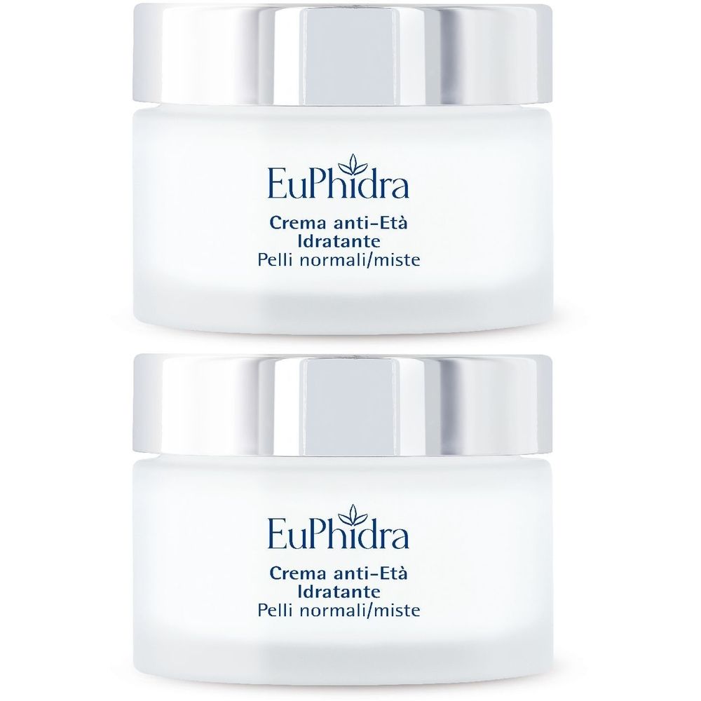 Zwei weiße Cremetiegel mit silbernen Deckeln. Auf den Tiegeln steht "EuPhidra Crema anti-Età Idratante Pelli normali/miste".