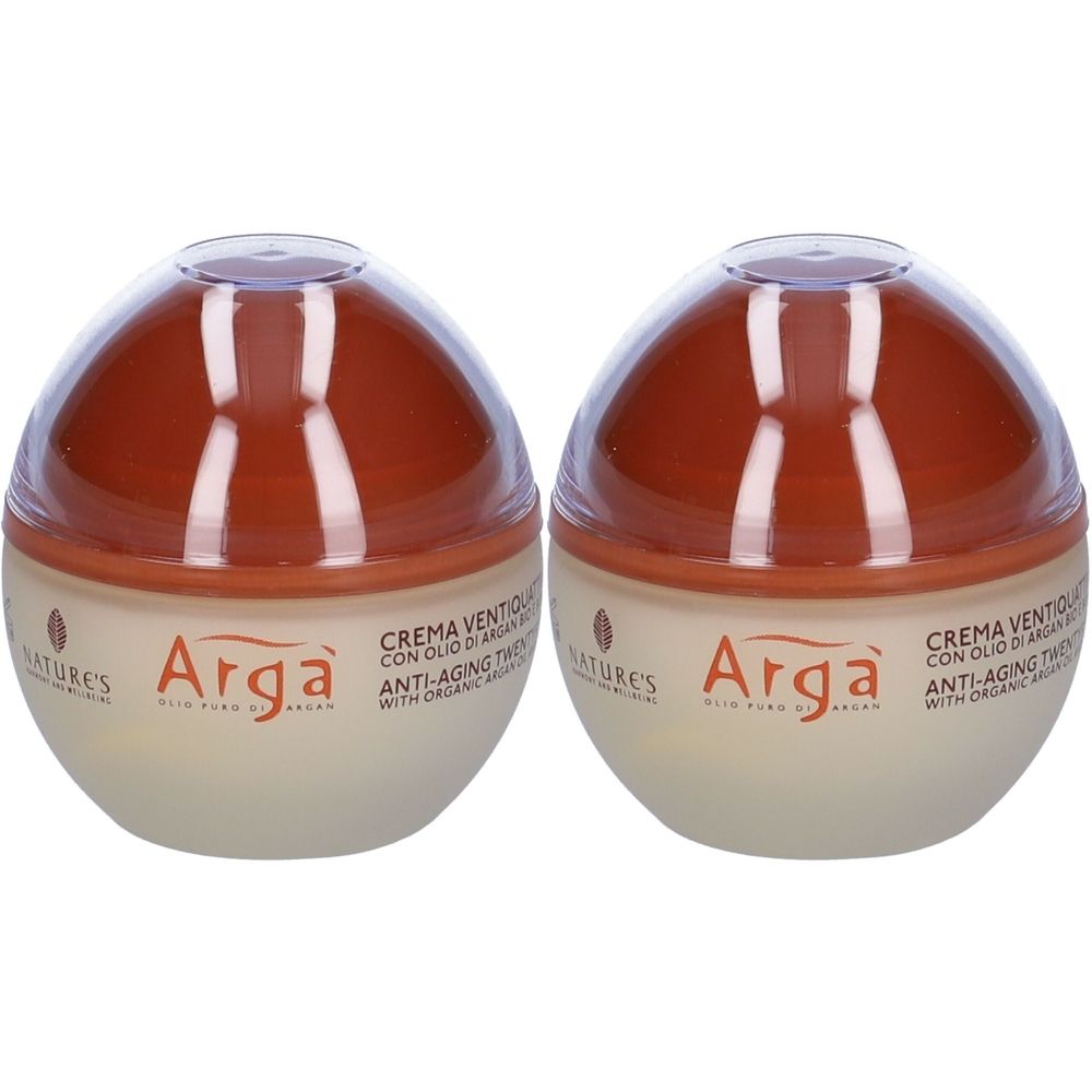 Zwei cremefarbene, runde Tiegel mit braunen Deckeln. Aufschrift: Arga, Anti-Aging-Creme. Marke NATURE'S.