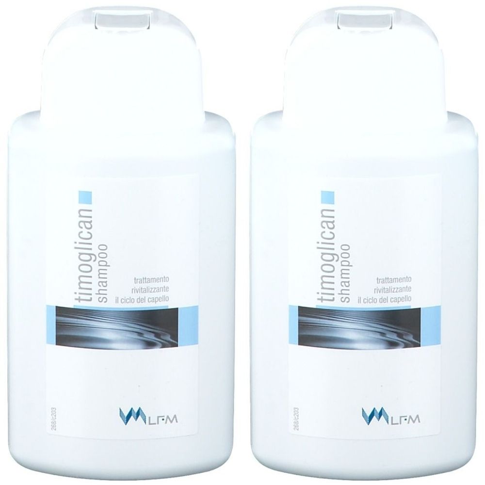 Zwei weiße Shampoo-Flaschen mit blauen und schwarzen Etiketten. Aufschrift: timoglican shampoo, LFM.