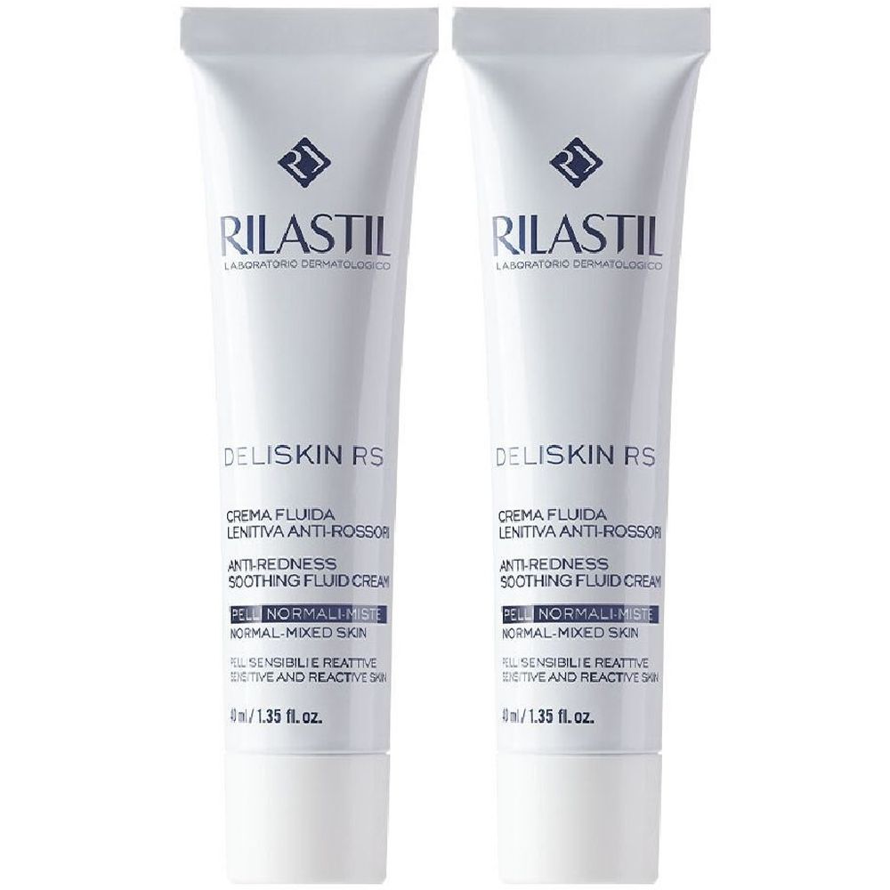 Zwei Tuben RILASTIL Deliskin RS Creme. Weiße Tuben mit blauer Schrift. Text: Anti-Rötung, beruhigende Fluidcreme.