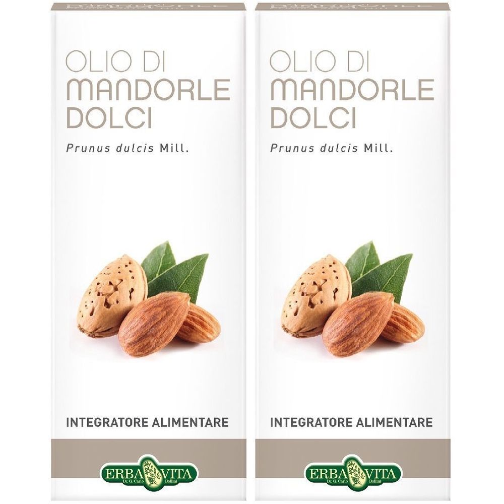 Zwei Packungen mit Olio di Mandorle Dolci. Abgebildet sind Mandeln und Blätter. Text: Integratore Alimentare, ERBA VITA.