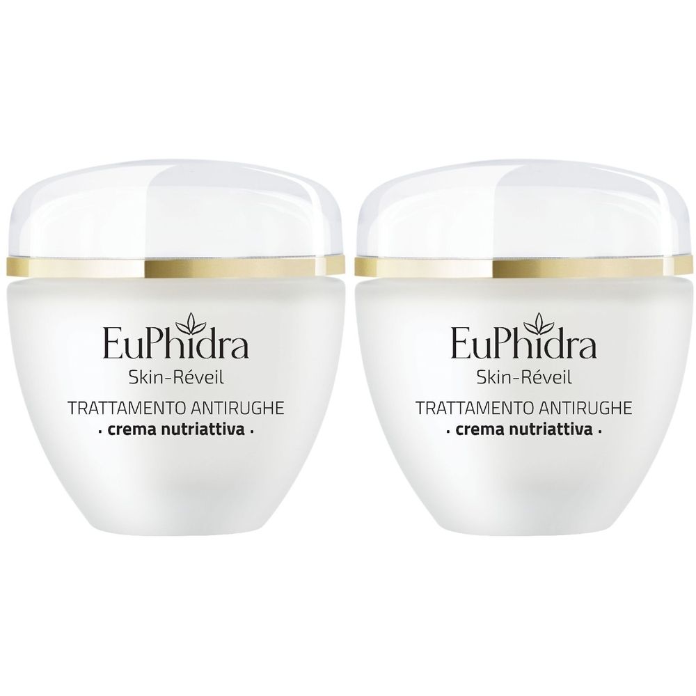 Zwei Cremetiegel mit weißem Behälter, goldfarbenem Rand und weißem Deckel. Aufschrift: EuPhidra Skin-Réveil, Trattamento Antirughe, crema nutriattiva.