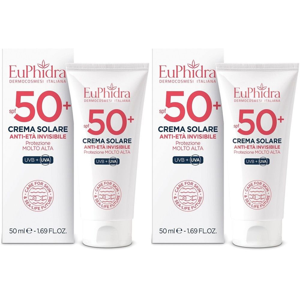 Vier Tuben und Schachteln. Aufschrift: EuPhidra, SPF 50+, Crema Solare Anti-età Invisibile. Verpackung mit Logo und Text.