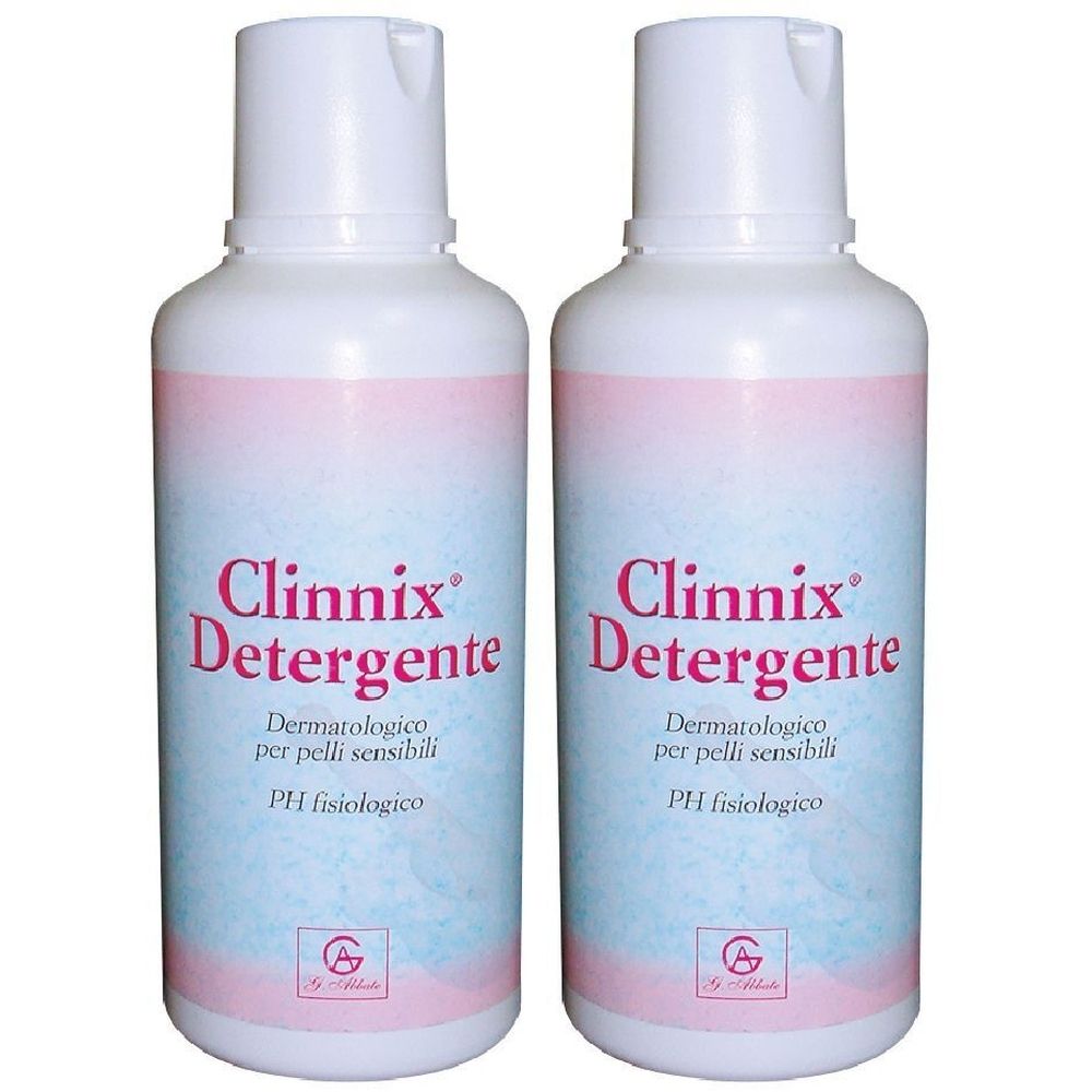Deux flacons blancs avec étiquettes roses et bleues. Inscription: Clinnix Detergente, dermatologique pour peaux sensibles, pH physiologique.