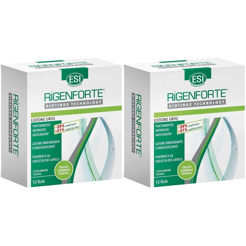 Deux boîtes ESI Rigenforte. Inscription : Lozione Urto, Biotinax Technology. 12 flacons. Emballage vert et blanc.