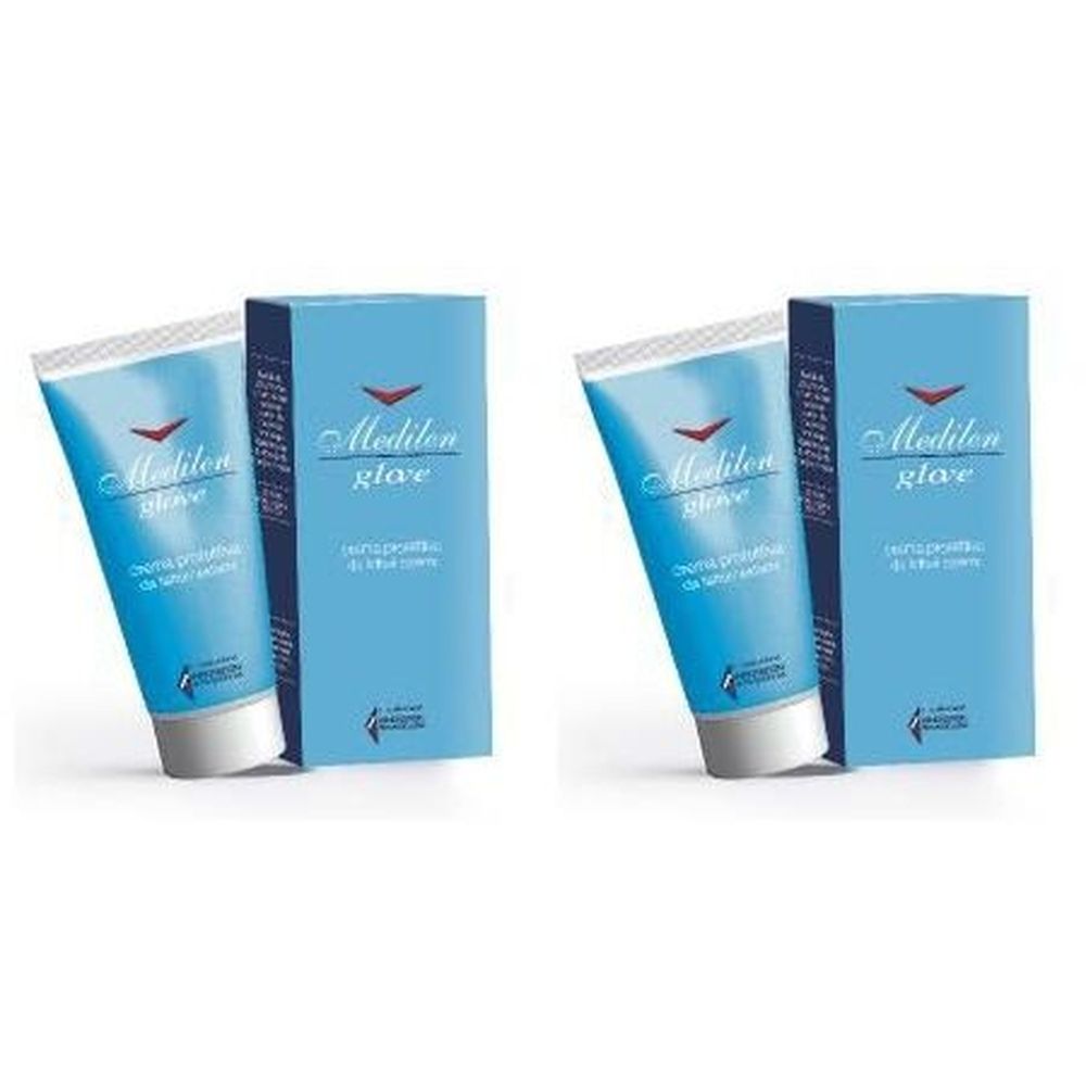 Deux tubes et boîtes bleus avec texte blanc. Inscription: Medilen Glove. Crème protectrice pour les mains.