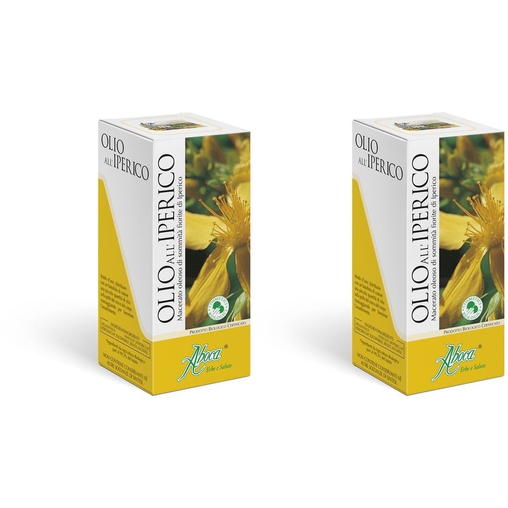 Deux boîtes rectangulaires. Inscription: OLIO ALL'IPERICO, image de fleurs jaunes, cercles verts, logo de la marque. Couleurs jaune et blanc.