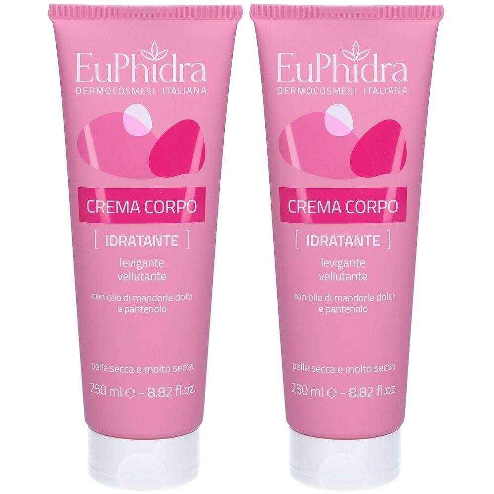 Zwei rosa Tuben. Aufschrift: EuPhidra, Crema Corpo, IDRATANTE. Text: levigante, vellutante, con olio di mandorle dolci e pantenolo. Für trockene Haut. 250 ml.