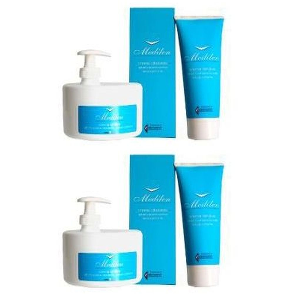 Zwei Sets mit weißen Cremespendern, blauen Tuben und Schachteln. Aufdrucke: Medilen, Creme Idratante.