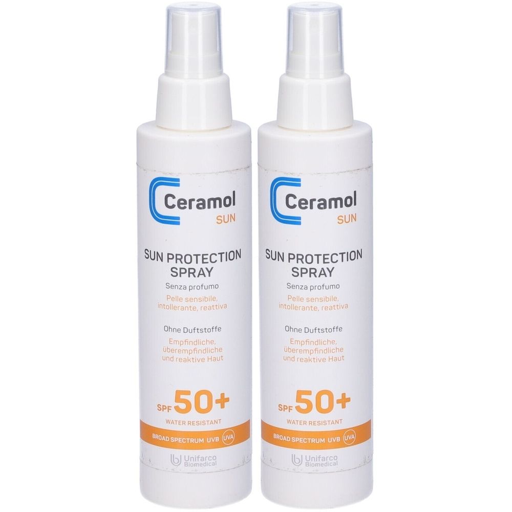 Zwei weiße Sprühflaschen. Aufschrift: Ceramol Sun, Sun Protection Spray, SPF 50+. Wasserfest. Ohne Duftstoffe. Für empfindliche Haut.