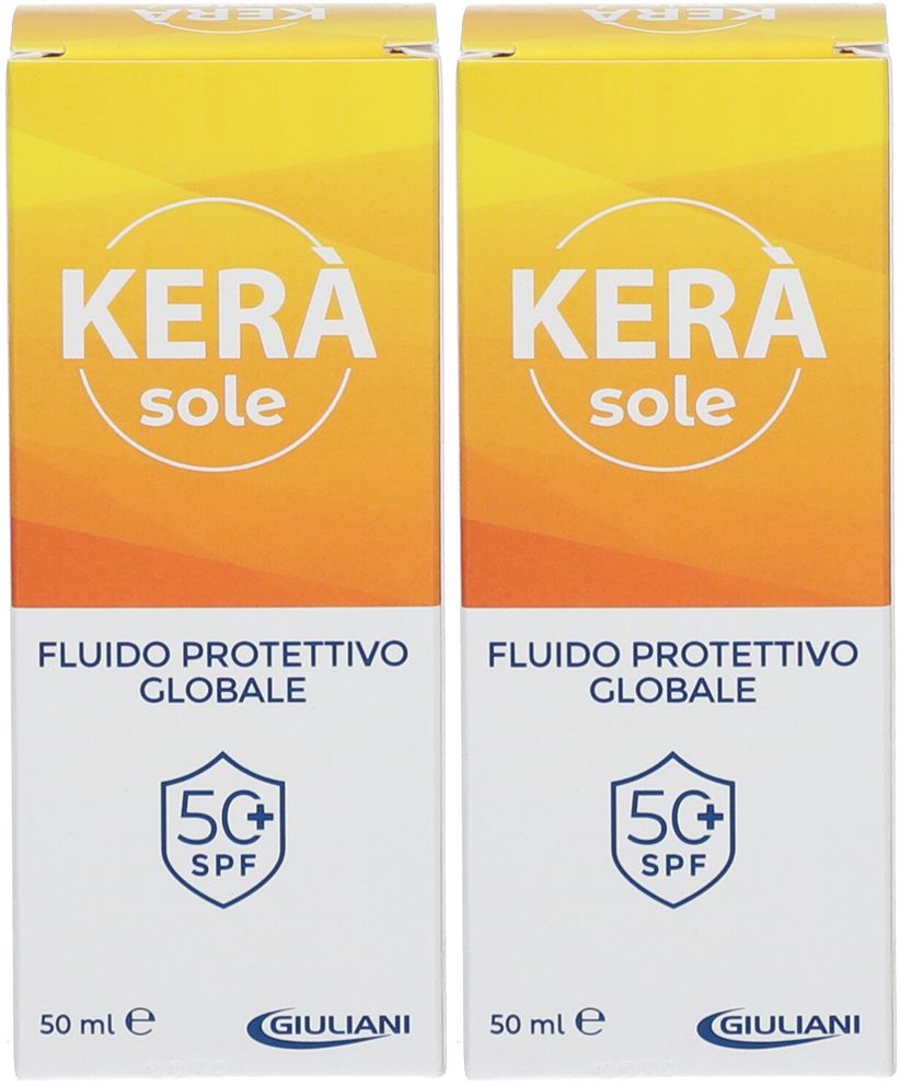 Zwei Kartons mit Sonnencreme. Aufschrift: KERA sole, Fluido Protettivo Globale SPF50+. Marke: Giuliani. 50 ml.