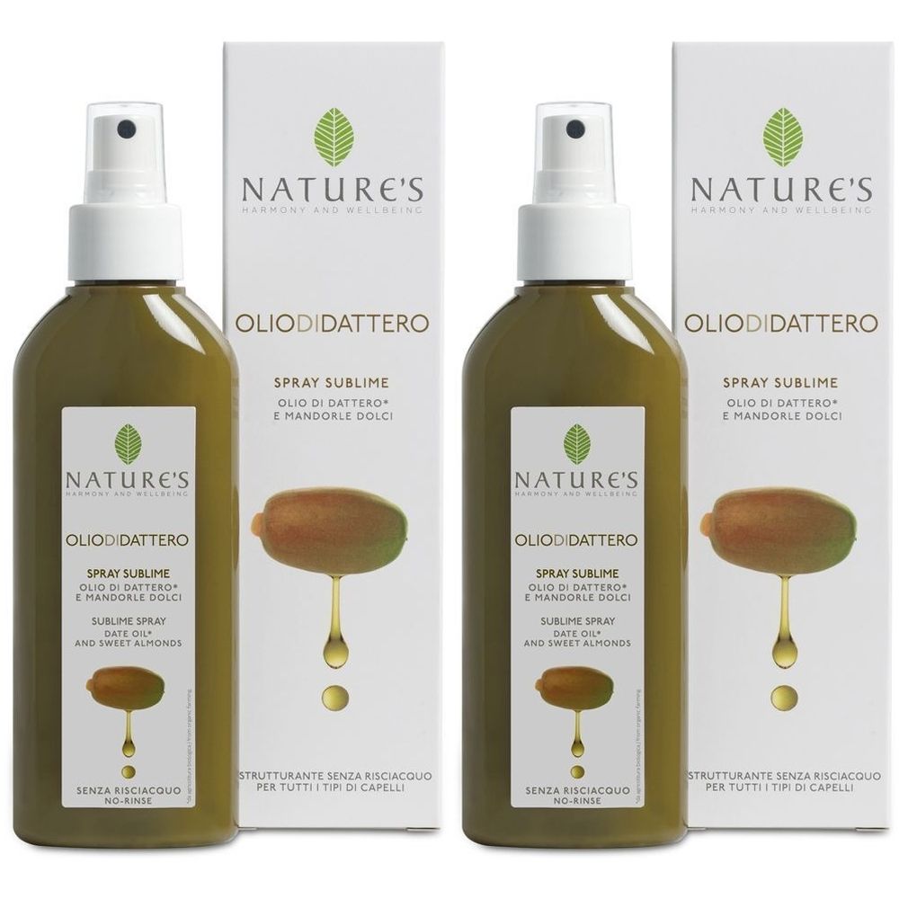 Deux flacons avec vaporisateur et boîtes. Inscription : NATURE's, OLIODIDATTERO, Spray Sublime. Illustration de dattes et d'amandes.