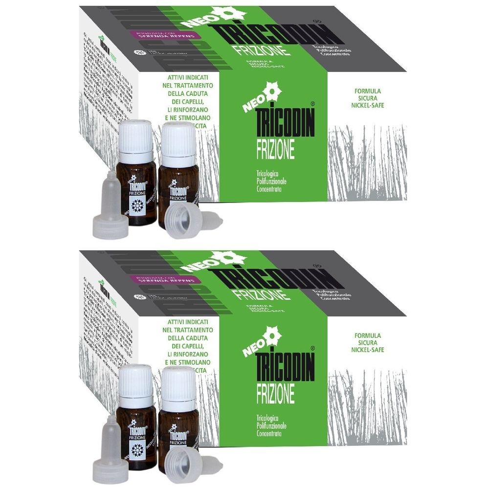 Zwei Produktverpackungen mit Fläschchen und Aufsätzen. Aufschrift: NEO TRICODIN FRIZIONE.