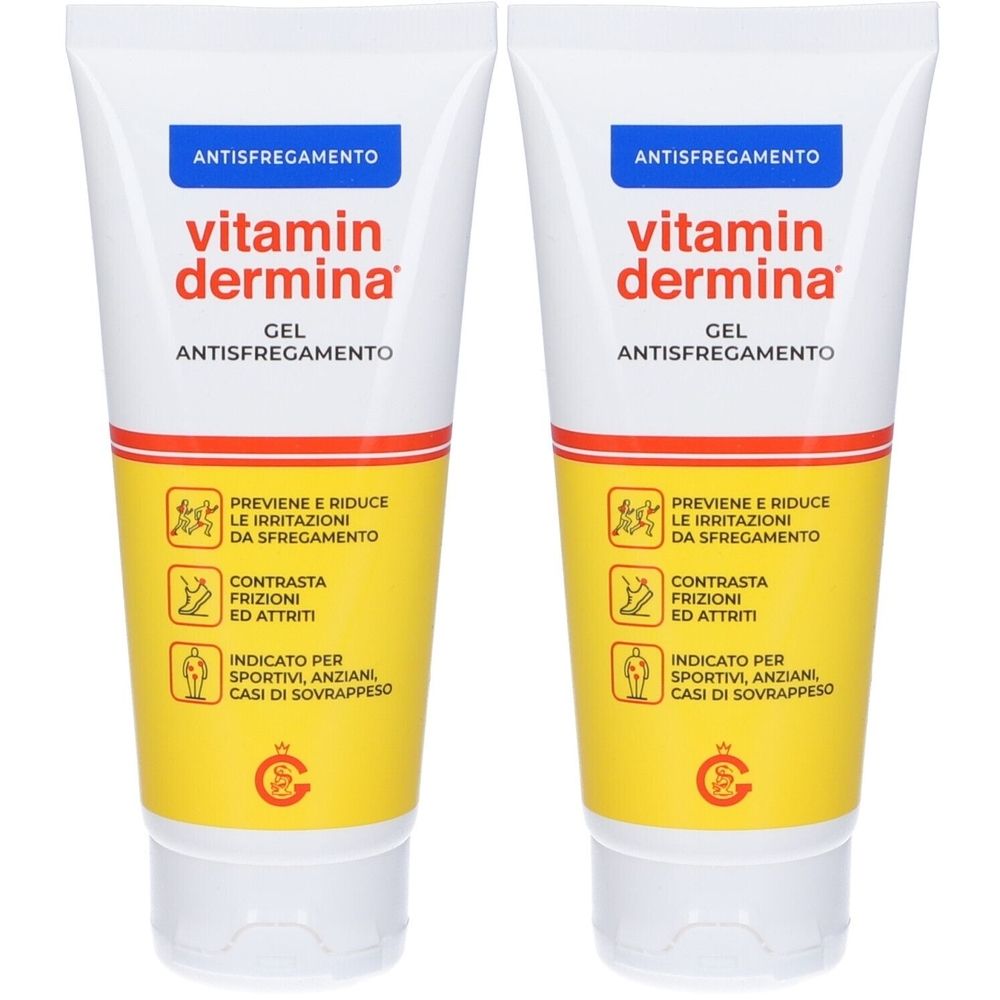 Zwei Tuben Gel. Aufschrift: Vitamin Dermina, Gel Antifregamento. Gelb-weiße Verpackung mit roter Schrift.