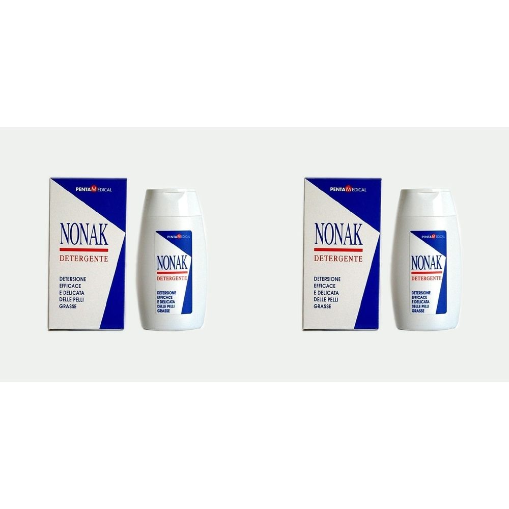 Zwei Sets mit je einer weißen Flasche und einer blauen Schachtel. Auf der Schachtel steht "NONAK DETERGENTE".