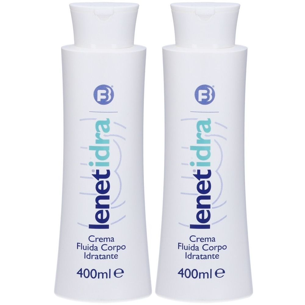 Zwei weiße Flaschen mit Lenet Idra Creme. Aufschrift: Crema Fluida Corpo Idratante, 400ml.