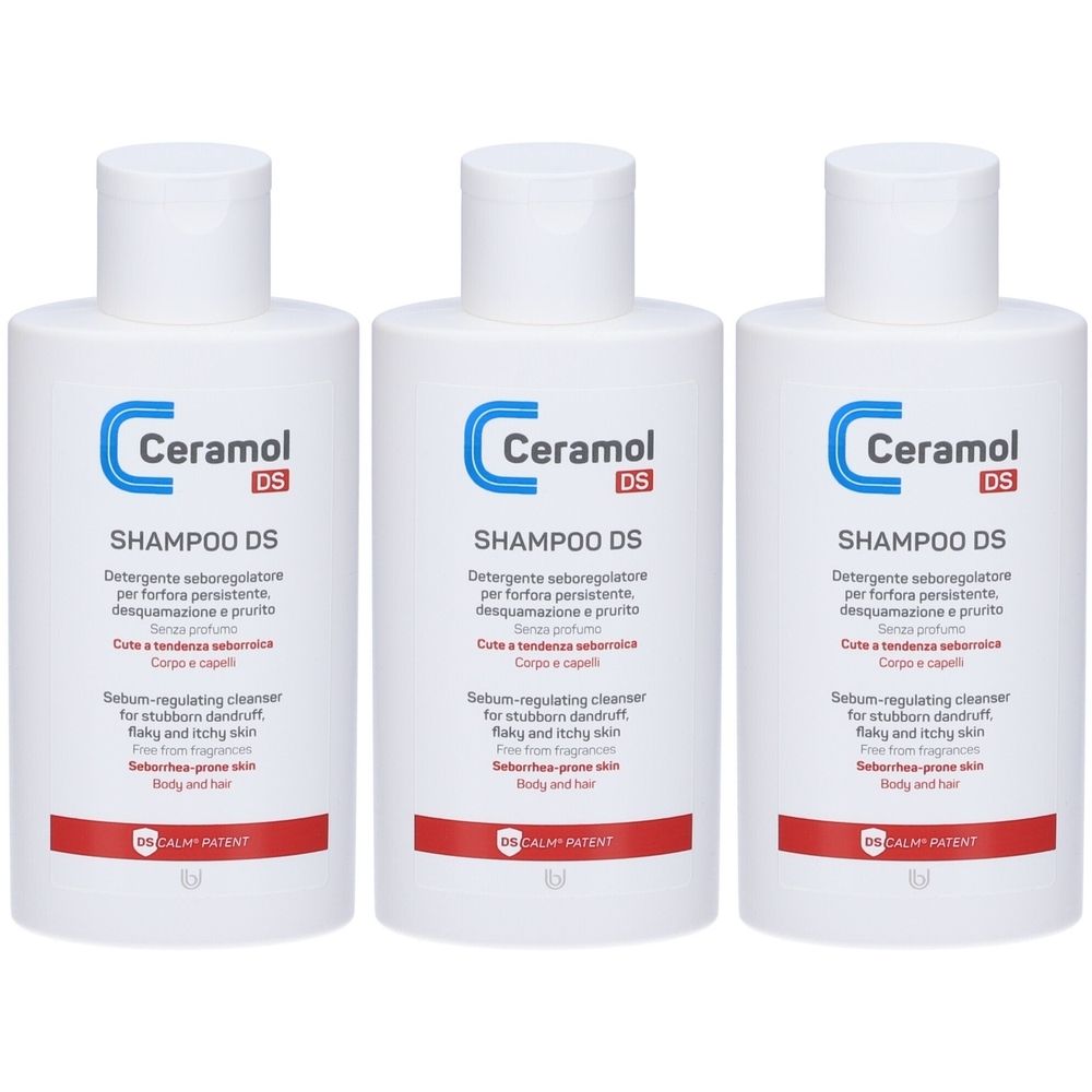 Trois flacons blancs de shampooing Ceramol DS. Chaque flacon porte le nom du produit et une description en italien et en anglais.