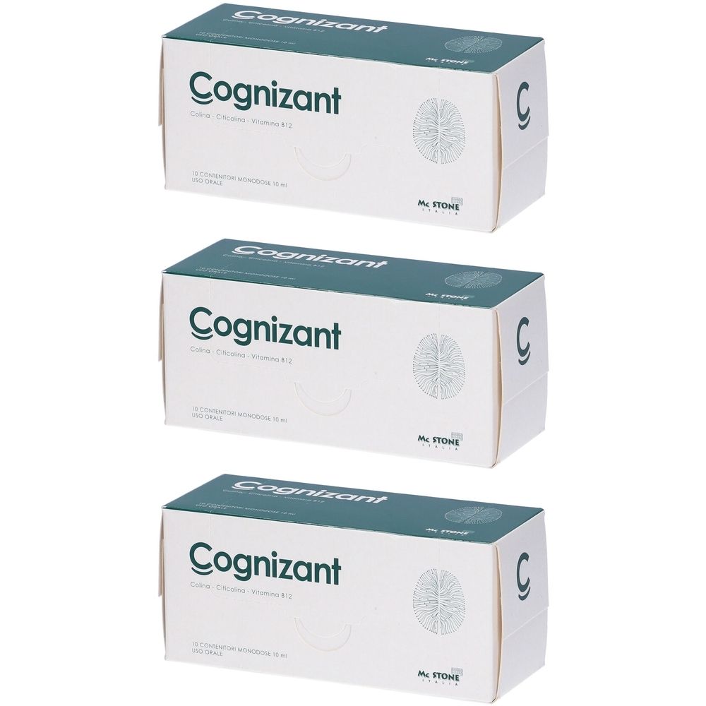 Trois boîtes "Cognizant" avec dessus vert et symbole de cerveau. Marque: Mr. Stone. Texte: 10 Flaconi Da 10 Ml.