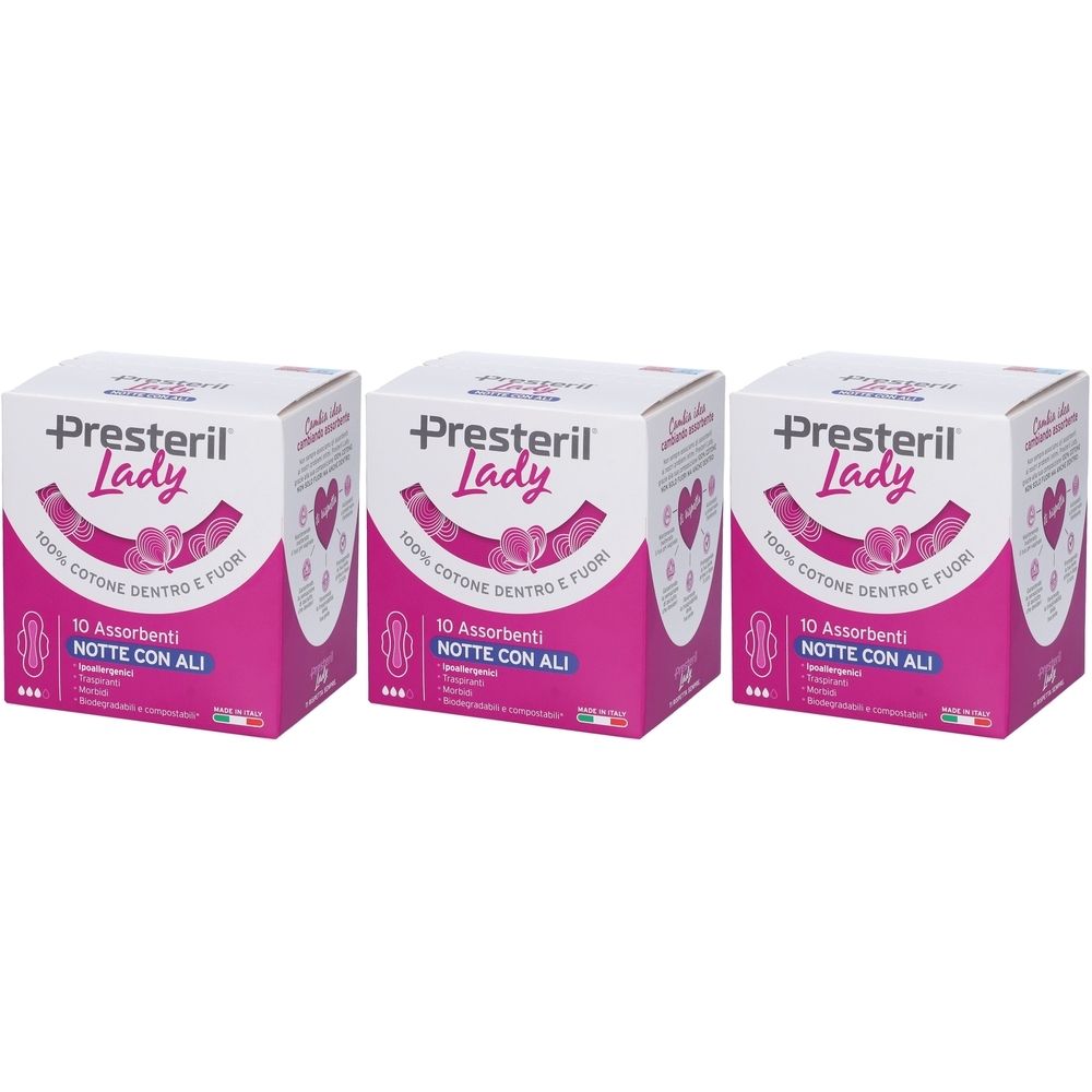 Trois boîtes carrées. Inscription: Presteril Lady, 10 Assorbenti Notte con Ali. Rose et blanc. Drapeau italien.