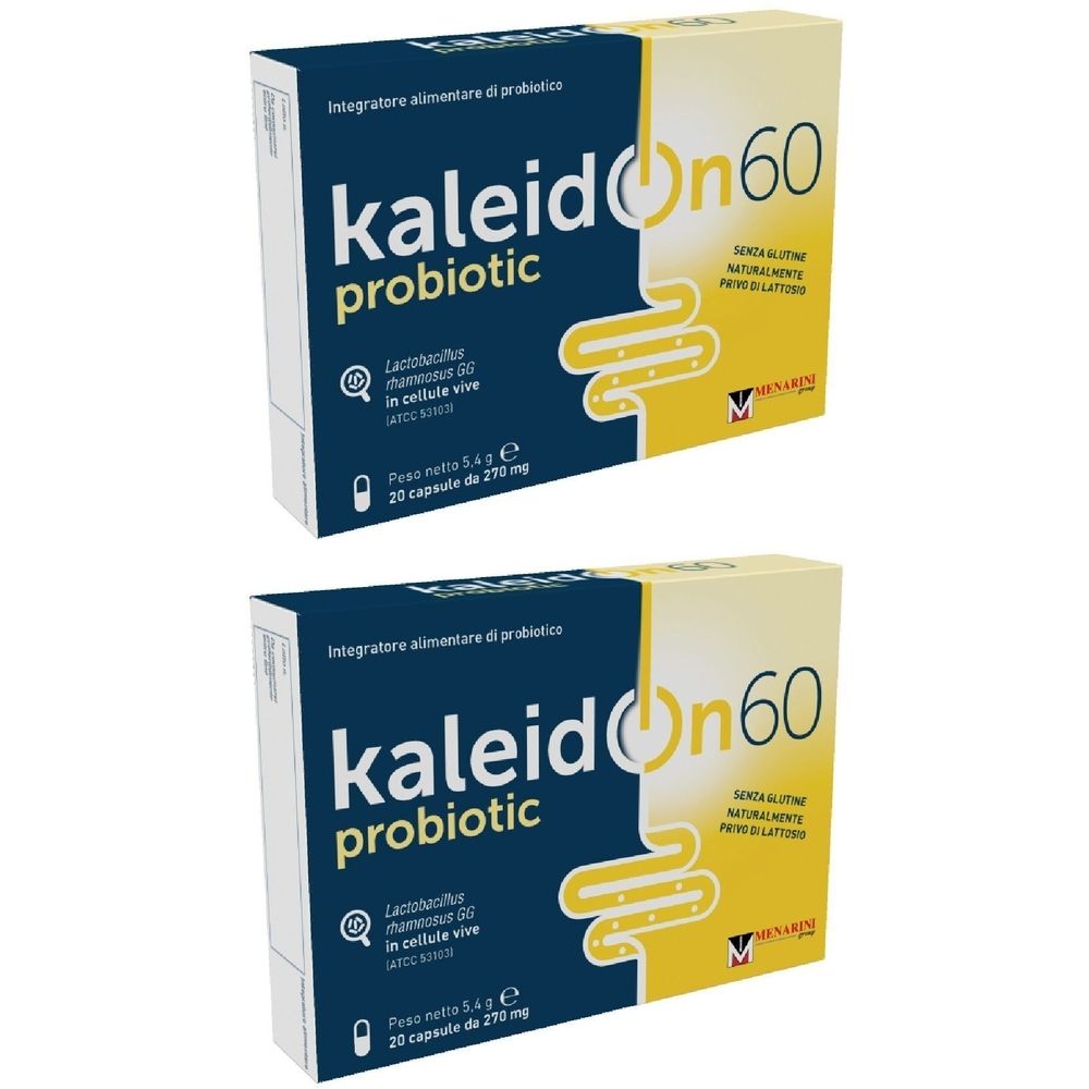 Zwei Packungen Probiotika. Blaue und gelbe Verpackung mit Produktnamen und Informationen. Enthält 20 Kapseln.