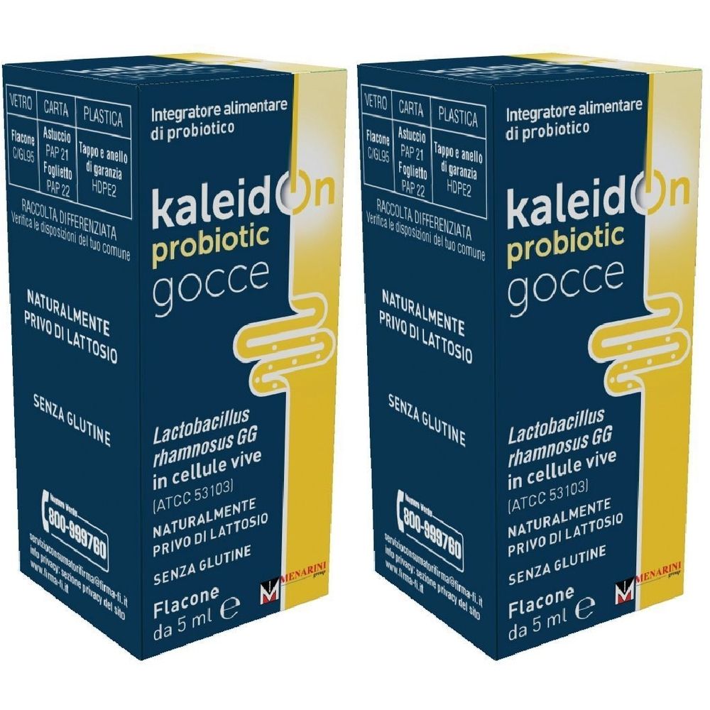 Deux boîtes rectangulaires avec informations produit. Inscription : kaleidon probiotic gocce. Contient Lactobacillus rhamnosus GG. Sans gluten, sans lactose.