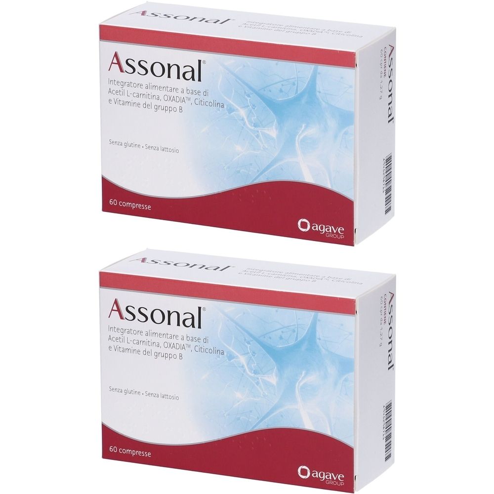 Zwei Schachteln mit der Aufschrift "Assonal". Rote und weiße Verpackung mit Produktinformationen und dem Logo "O agave".