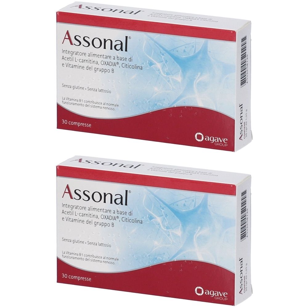 Zwei Schachteln Assonal. Rote und weiße Verpackung mit Produktnamen und Inhaltsangaben. 30 Tabletten pro Schachtel.