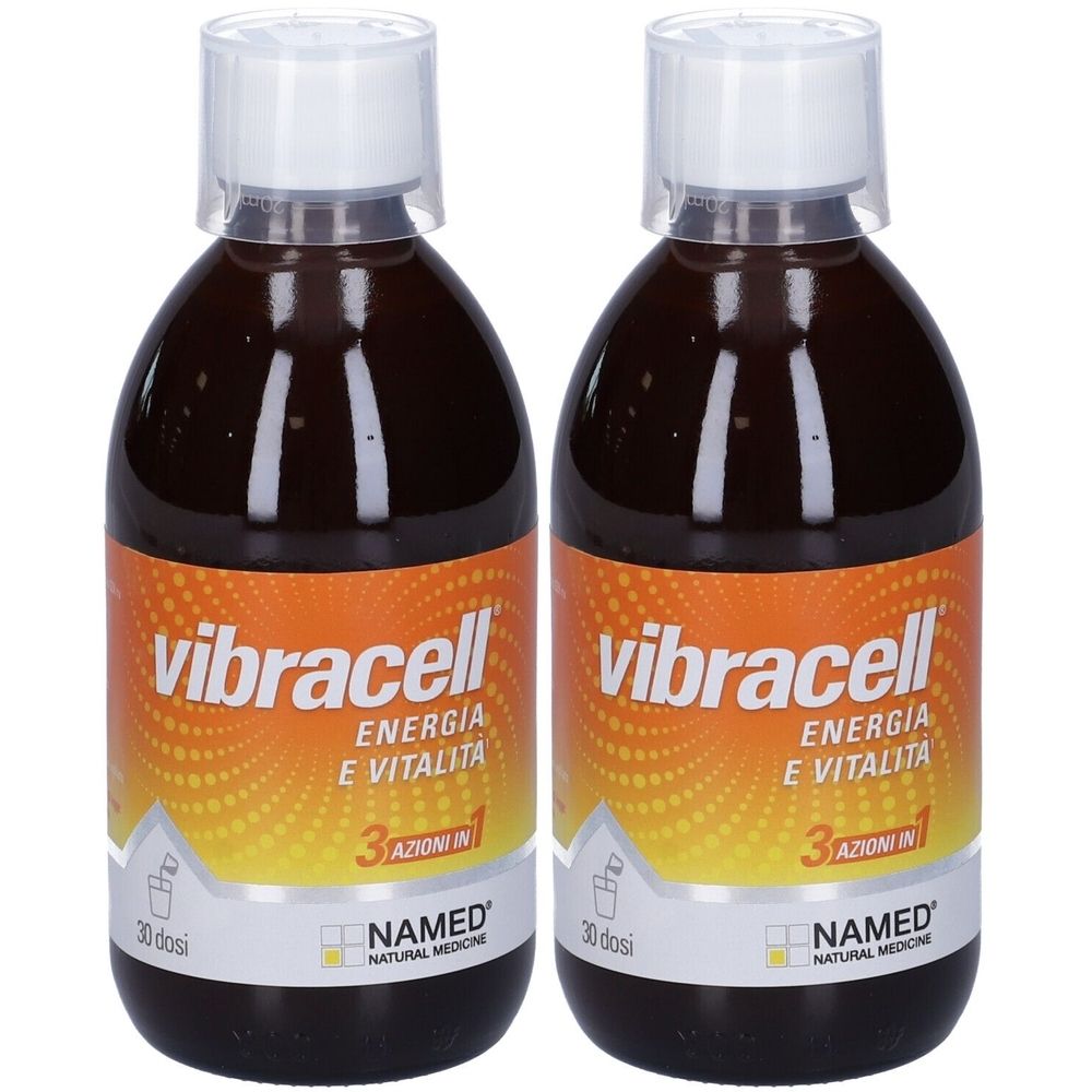 Zwei Flaschen mit brauner Flüssigkeit. Aufschrift: vibracell, Energie e Vitalità, 3 azioni in 1. Marke: NAMED.