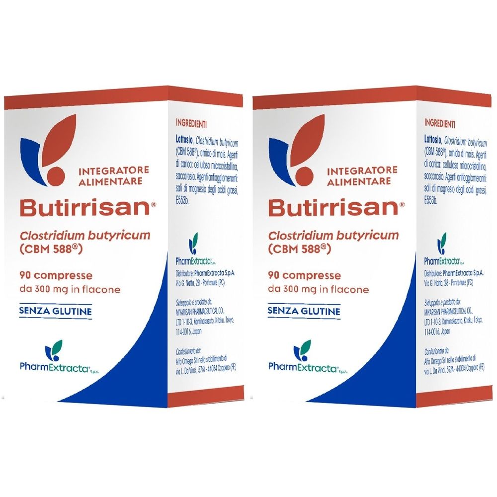 Deux boîtes identiques de complément alimentaire Butirrisan. Inscription : 90 comprimés, sans gluten. Graphique bleu et rouge.
