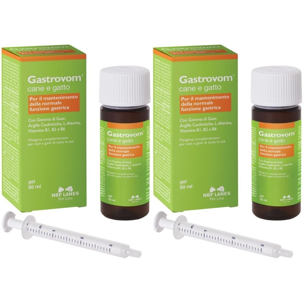 Zwei Flaschen und Verpackungen mit Produktaufschrift. Zwei Spritzen liegen daneben. Aufschrift: Gastrovom.