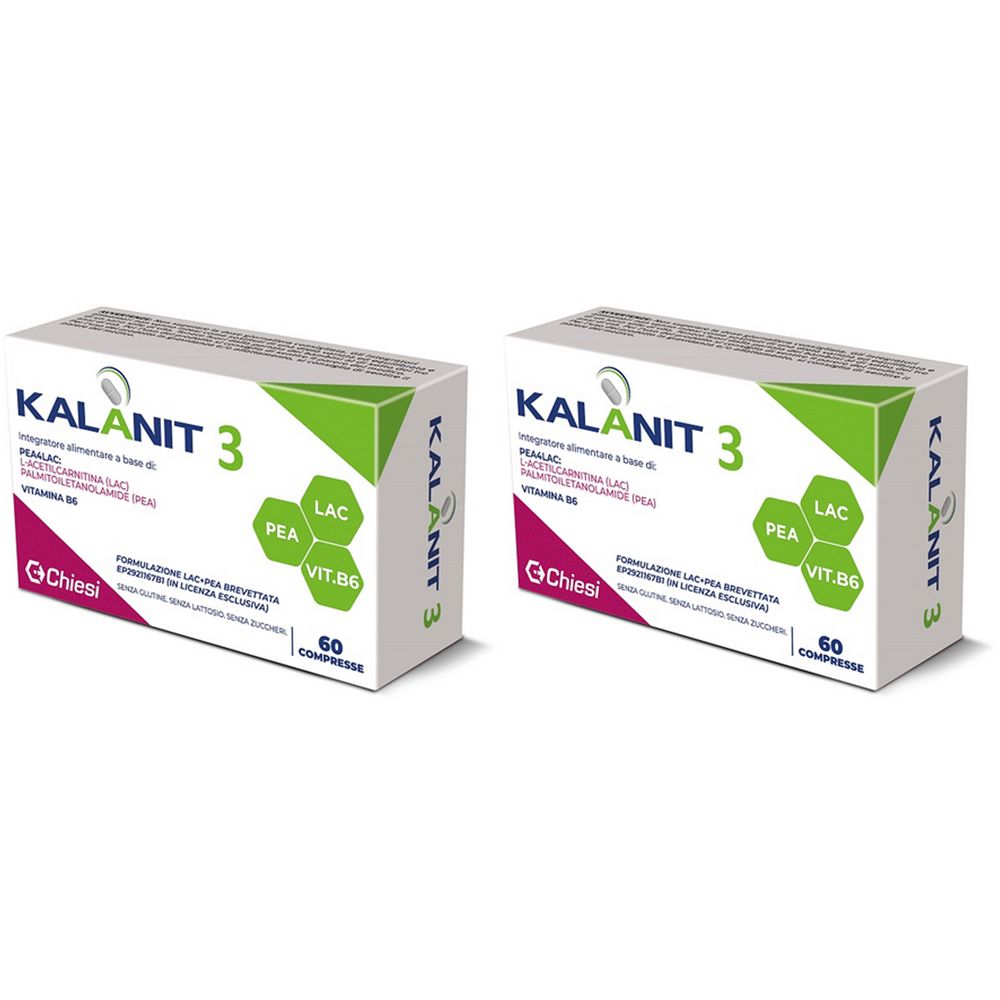 Deux boîtes de Kalanit 3. Emballage blanc avec texte vert. Contient 60 comprimés. Marque Chiesi.