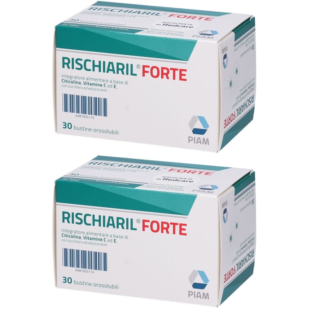 Deux boîtes RISCHIARIL FORTE. Emballage blanc et vert. Texte : 30 sachets, logo PIAM.