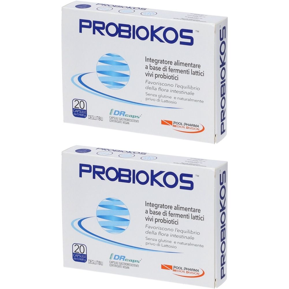 Zwei Schachteln Probiokos. Aufschrift: 20 Kapseln, Integratore alimentare, DRcaps. Marke: PROBIOKOS.