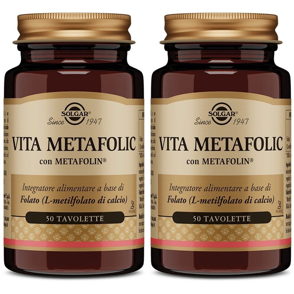 Zwei braune Glasflaschen mit goldenen Deckeln. Auf den Etiketten steht "VITA METAFOLIC" und "50 TAVOLETTE". Marke: SOLGAR.