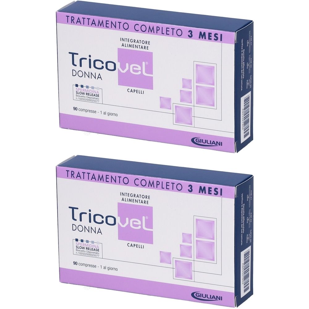 Zwei Schachteln Tricovel Donna. Aufschrift: TRATTAMENTO COMPLETO 3 MESI, Integratore Alimentare, CAPELLI. Marke: GIULIANI.