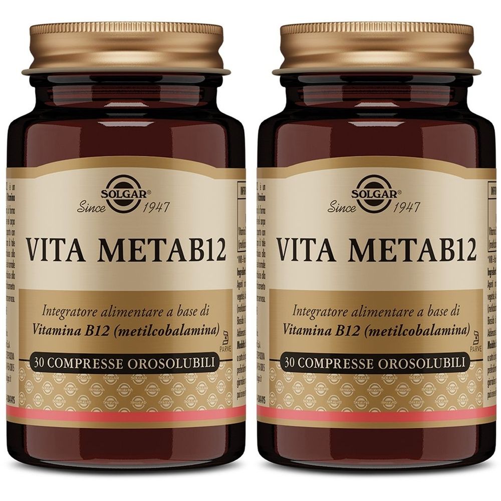 Zwei braune Glasflaschen mit goldenen Deckeln. Aufschrift: SOLGAR Vita MetaB12. Enthält 30 Tabletten. Nahrungsergänzungsmittel.