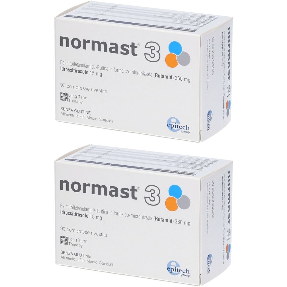 Deux boîtes blanches "normast 3". Texte: Palmitoyléthanolamide, Rutamid, 360 mg. 90 comprimés. Sans gluten.
