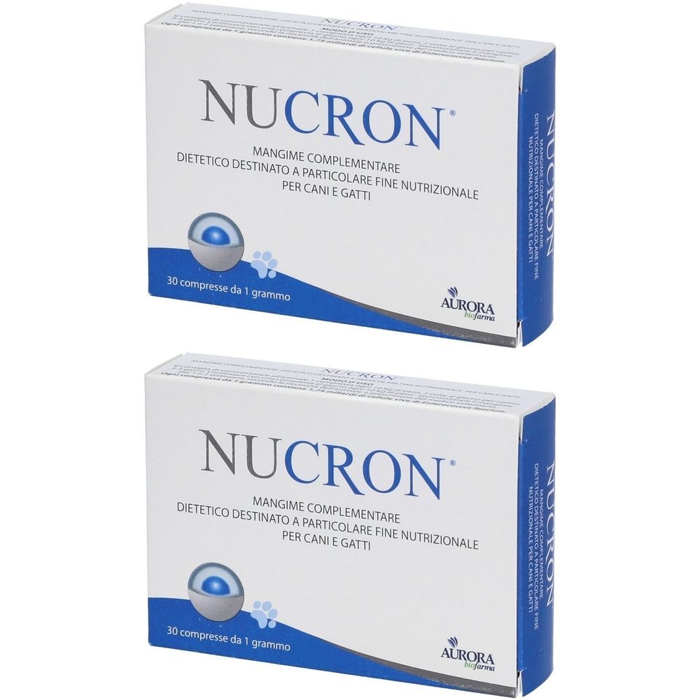 Zwei weiße Schachteln mit blauer Schrift. Aufschrift: NUCRON, Nahrungsergänzungsmittel für Hunde und Katzen. 30 Tabletten.