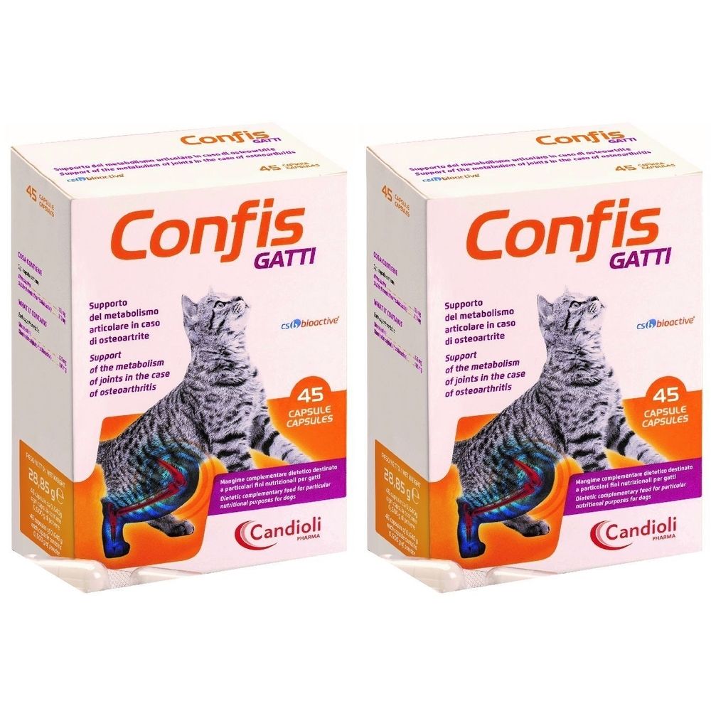 Zwei Kartons mit Produktaufdruck Confis Gatti. Aufdrucke: Katze, 45 Kapseln, Candioli.
