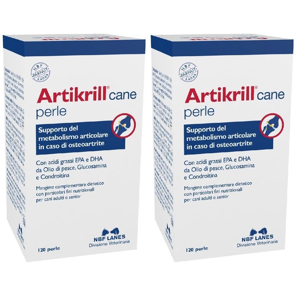 Zwei Packungen Artikrill cane perle. Aufschrift: Unterstützung des Gelenkstoffwechsels bei Arthrose. Enthält EPA & DHA, Glucosamin und Chondroitin.