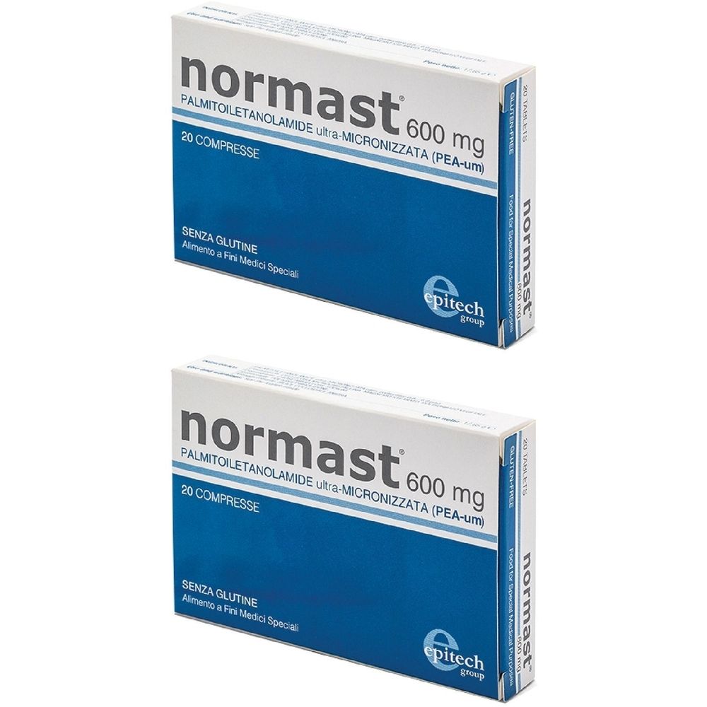 Zwei Schachteln mit der Aufschrift "normast 600 mg". Blaue und weiße Verpackung mit Text in italienischer Sprache. "20 Compresse" ist sichtbar.