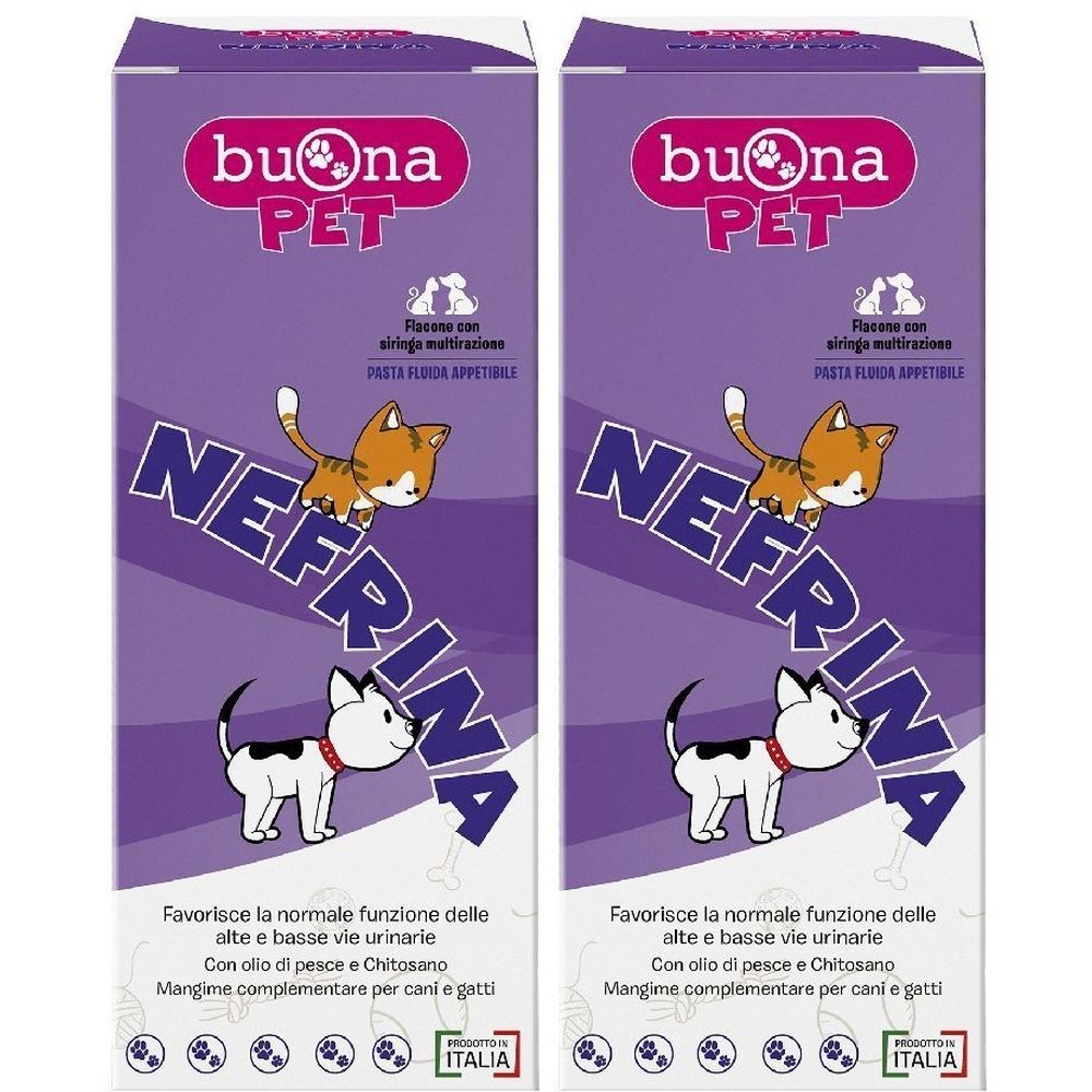 Deux boîtes de produit. Inscriptions : Buona Pet, Nefrina. Illustrations de chat et chien. Texte en italien.