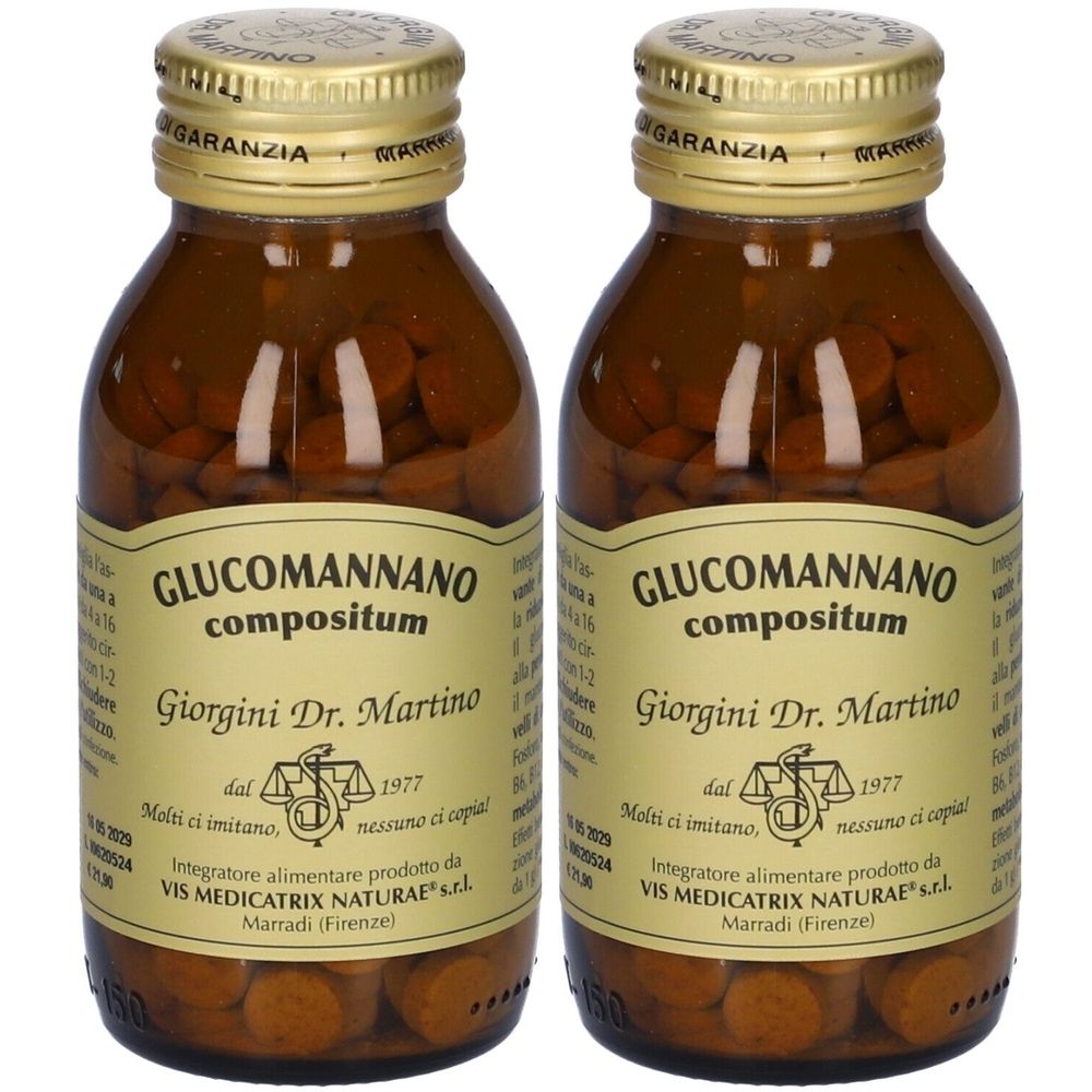 Zwei braune Glasflaschen mit Tabletten. Aufschrift: Glucomannano compositum, Giorgini Dr. Martino. Goldfarbener Deckel mit Aufschrift.