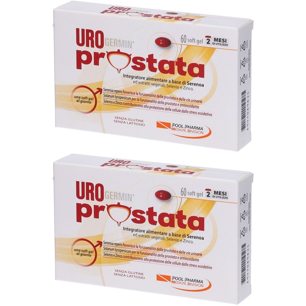 Zwei Packungen Urogermin Prostata Soft Gel. Weiße Schachteln mit roter Kapsel-Abbildung und Produktnamen. Text in italienischer Sprache.