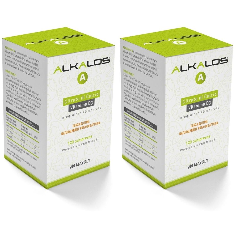 Zwei weiße Kartons mit grünen Akzenten. Aufschrift: ALKALOS A, Citrato di Calcio, Vitamin D3, 120 compresse. Marke MAYOLY.