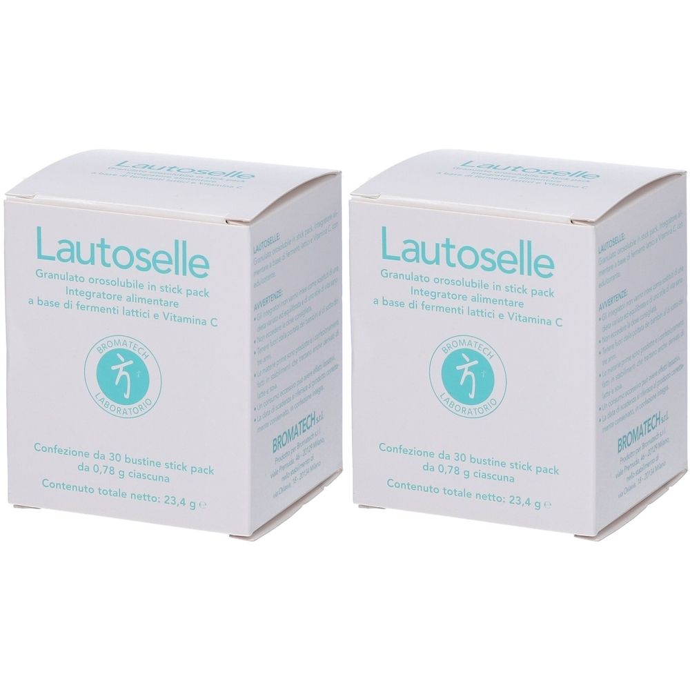 Zwei weiße Kartons mit der Aufschrift "Lautoselle". Text in italienischer Sprache. Logo mit Schriftzeichen und Schriftzug Bromatech.