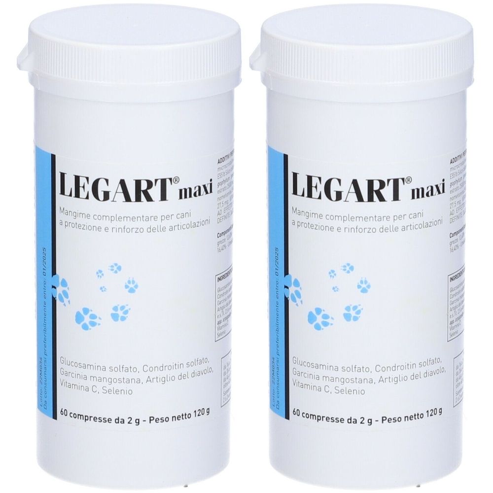 Deux flacons blancs avec couvercles. Inscription LEGART maxi. Étiquettes bleues avec informations et empreintes de pattes. 60 comprimés, 2 g, 120 g.